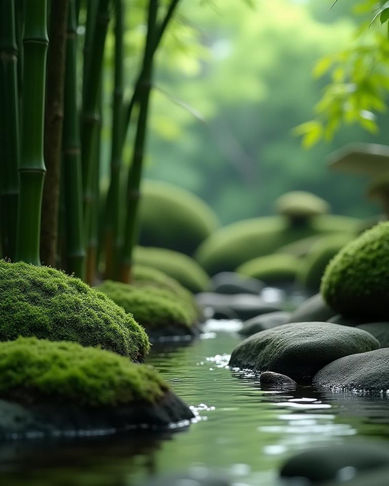 A tranquil Japanese garden with mossy stones and bamboo, representing the Shinrin concept.
