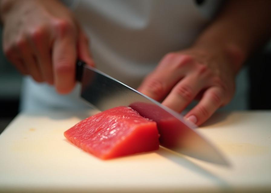 Chef Tanaka demonstrating a precise knife cut on a piece of fresh tuna.