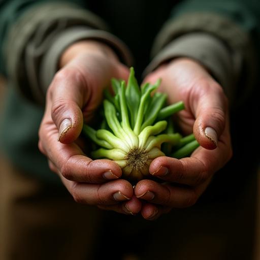 Hands of a farmer holding freshly harvested wasabi root.